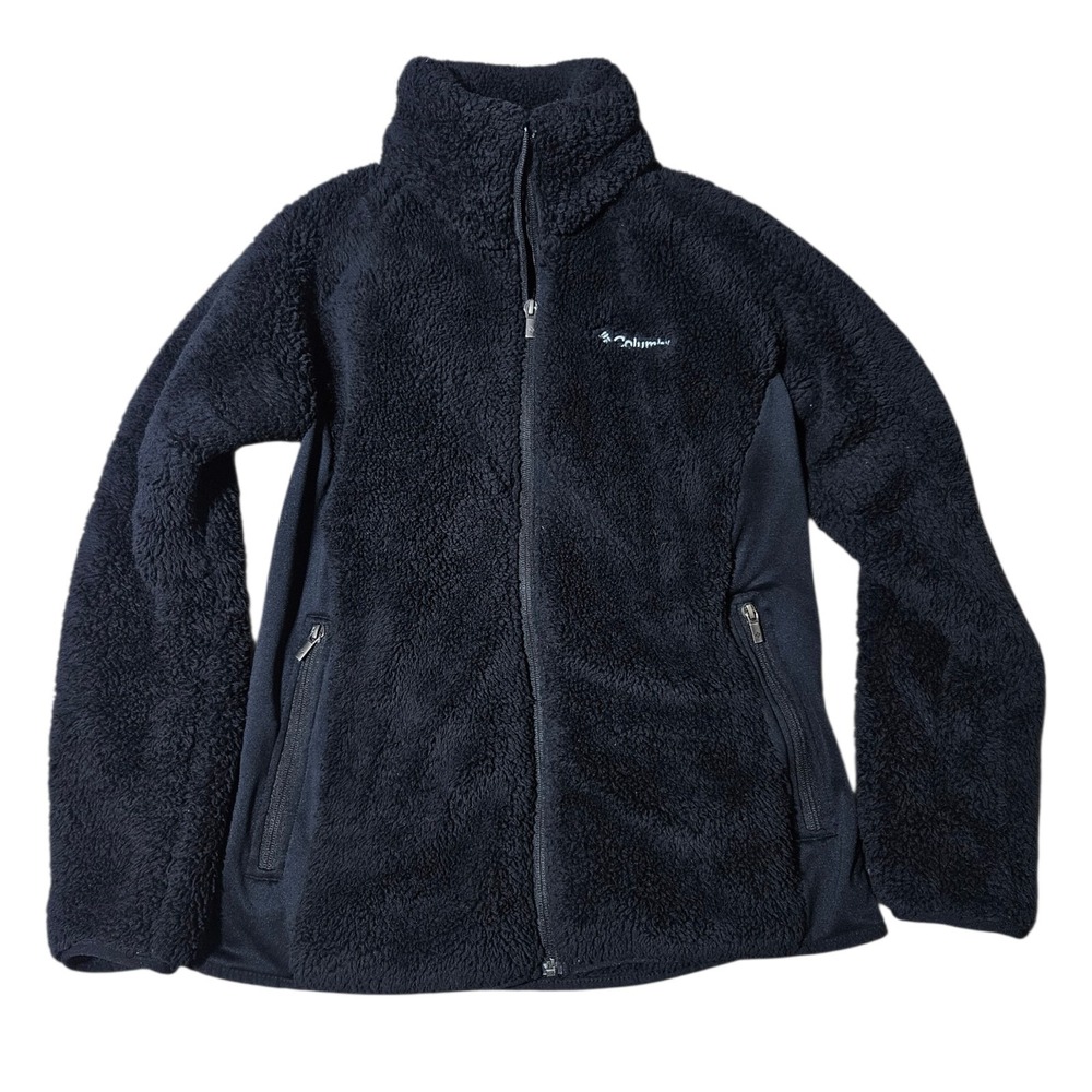Columbia Sherpa Fleece Jacket Black W's Medium Full Zip Hiking Warm Teddybear